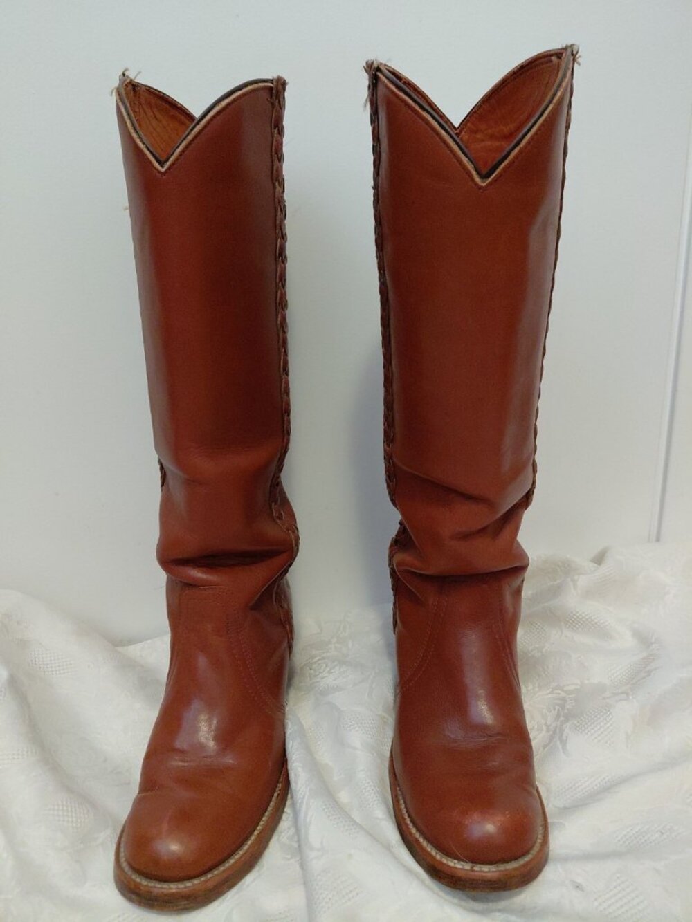 FRYE Vintage 70s Braided Sabrina Campus Boots Tall USA Made Womens 8.5 Brown